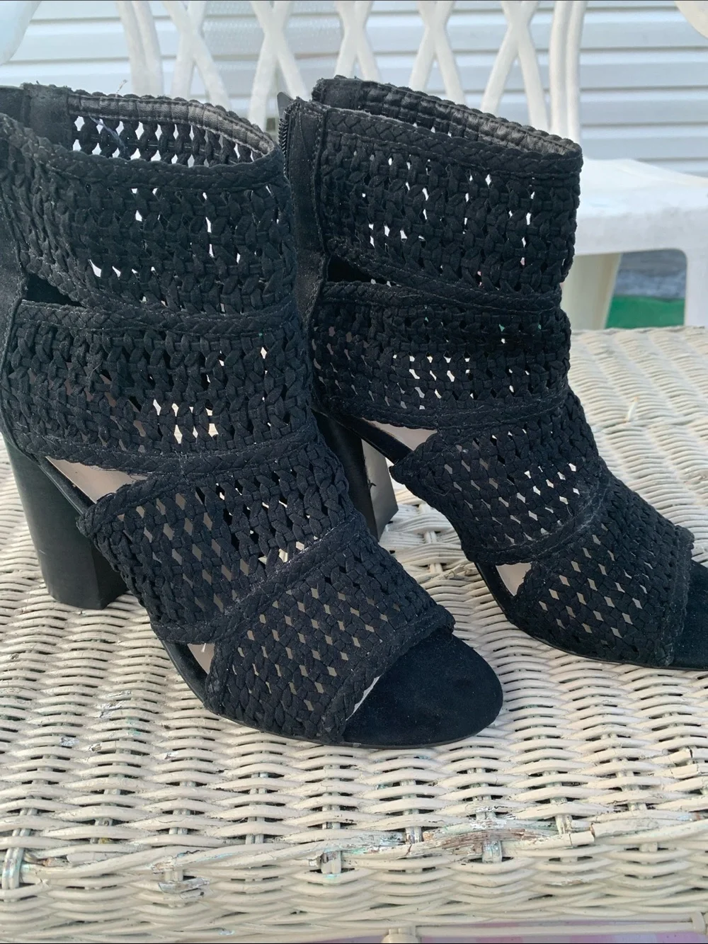 Fergie Black Crocheted Open-Toe Block Heel Booties